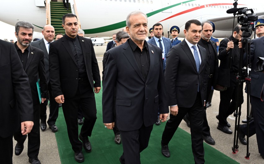 Iran Prezidenti Mesud Pezeskian Azerbaycana sefere gelib